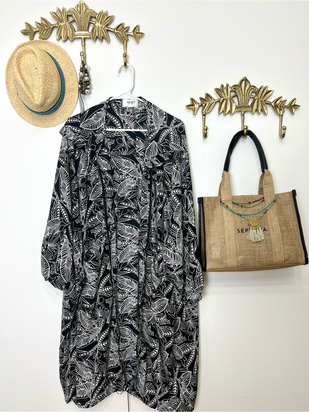 Multi functional Black & White Leaf Print Duster over coat Xl/1X